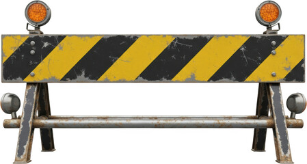 Grungy yellow and black striped safety barrier with two prominent orange warning lights on a transparent background