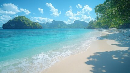 Fototapeta premium Serene tropical beach scene with turquoise water and white sand.