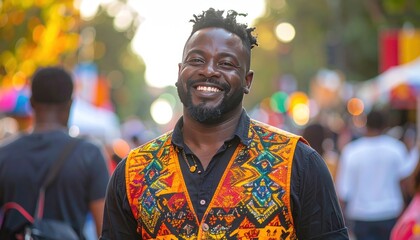 Fototapeta premium Smiling man in patterned vest amidst a bustling outdoor festival scene