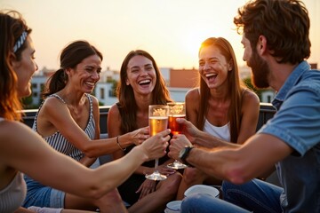 Above View of Friends Cheersing and Laughing at Rooftop Summer Party