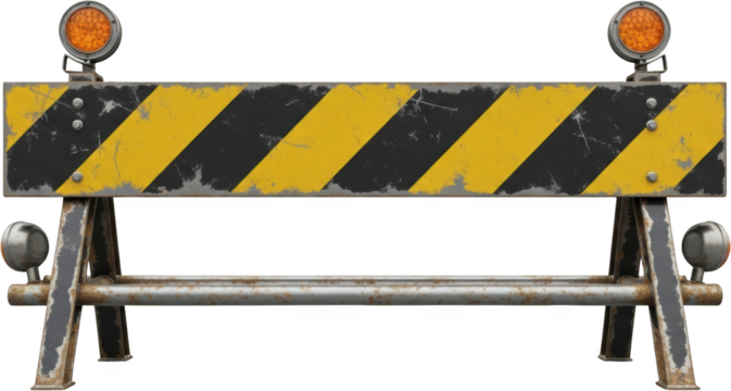 Grungy yellow and black striped safety barrier with two prominent orange warning lights on a transparent background