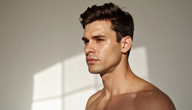 Toned man stands in sunlight, looking left