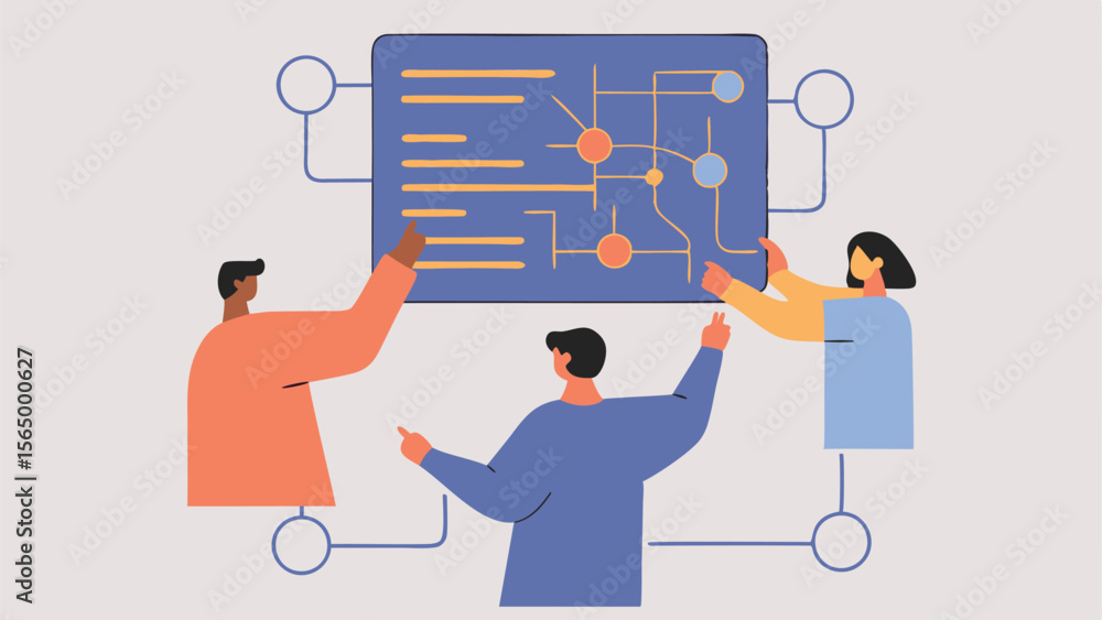 Poster three people collaborating on a project diagram with circles and lines on a blue rectangular board
