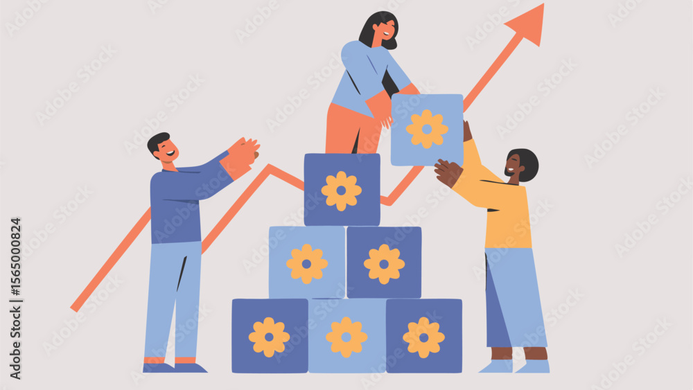 Poster team building a pyramid of blocks with flower symbols and an upward arrow indicating growth curve