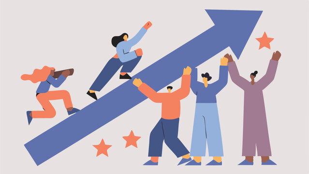 Team members climbing arrow towards success with stars and celebrating achievements together as a group