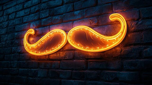 Neon mustache signs on brick wall
