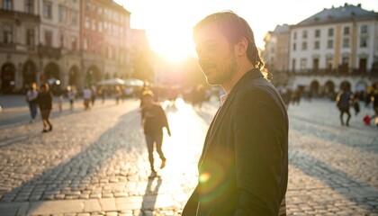 Obraz premium Man on cobblestone street in golden hour