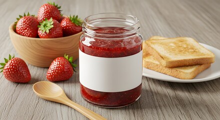 homemade strawberry jam, Delicious strawberry jam in glass jar with blank label, fresh strawberries, toast on wooden plate. Perfect for food, packaging, or advertising mockup