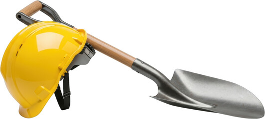 Bright yellow hard hat resting on a wooden handled metal shovel on a transparent background