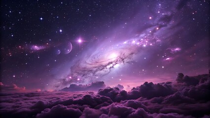 Fototapeta premium Purple Galaxy Above Cloudscape: Serene, Dreamlike Space Scene with Stars and Planets.