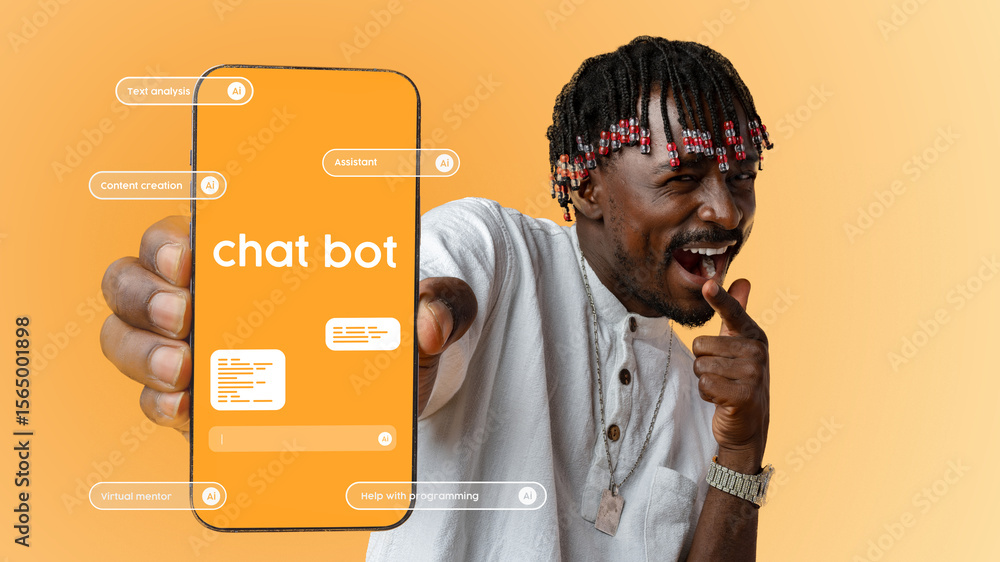 Poster digital interaction and technology enthusiasm with chatbot application depicted in a vibrant studio 
