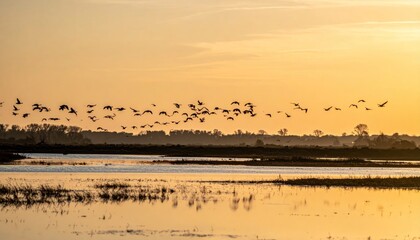 Naklejka premium Birds fly over water during golden sunset