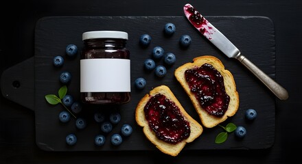  Flat lay mockup of blueberry jam jar, scattered berries, teaspoon, jam-spread toast, and minimal kitchen props on a dark, moody surface, creating an atmospheric and inviting food scene.