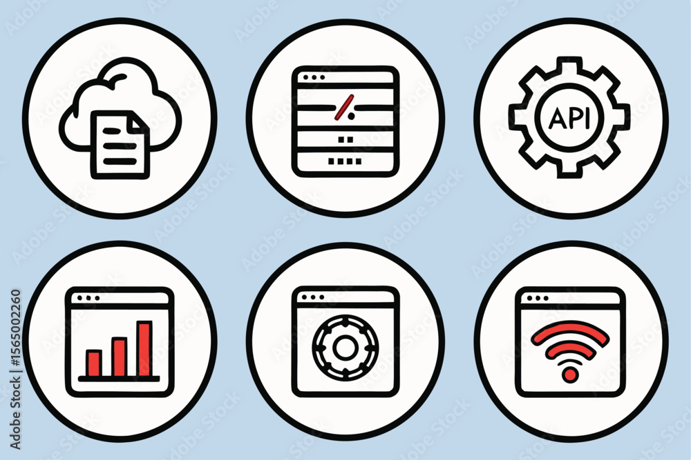 Poster set of six circular icons representing cloud storage data processing api and network connectivity