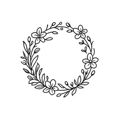 Floral wreath with flowers leaves and berries in black line art style
