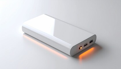 White power bank with orange light indicating charge status, lying on a surface
