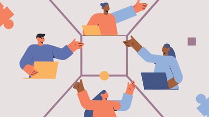 Illustrated depiction of four diverse individuals collaborating around a central square with laptops and gestures