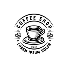 Coffee shop logo with a cup of coffee and beans in a circular design