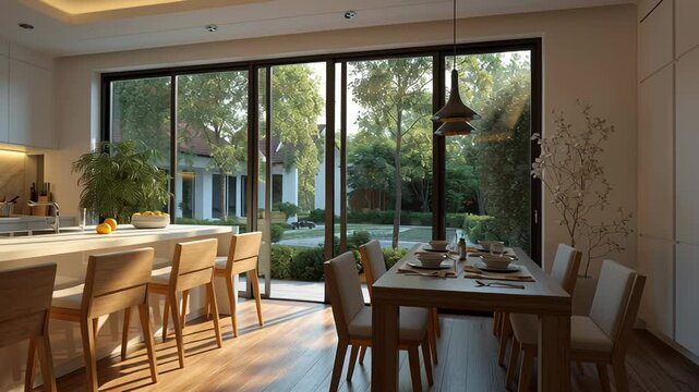 a nice modern kitchen with big windows, dinner time, on the background a nice dinner table with food, white theme