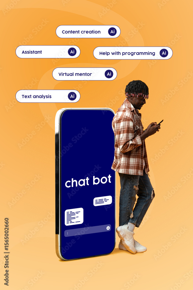 Poster innovative ai chatbot designed for content creation and programming assistance by a young man using 