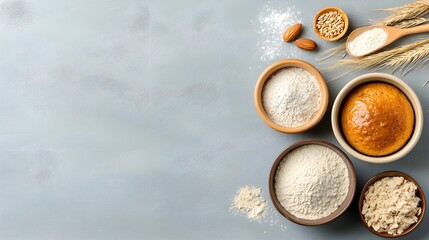 various types of flour in bowls on a blue backgrou
