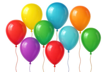 Nine colorful balloons floating on a transparent background, perfect for party invitations, greeting cards, and celebratory designs