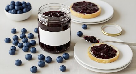 Glass jar of rich blueberry jam, surrounded by fresh blueberries, a silver spoon, and white ceramic plates on a linen tablecloth, exuding a classic, inviting breakfast scene.