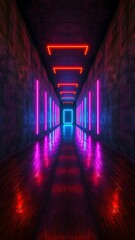 Neon-lit corridor: vibrant pink, blue, and red glowing lights on dark wood floor.