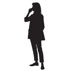 Black Silhouette Vector of Woman Talking on Mobile Phone While Standing in Casual Communication Scene on White Background Full Ultra HD
