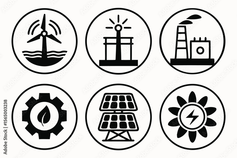 Poster set of six circular icons representing different types of renewable energy and power generation