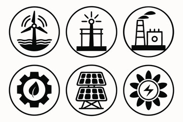 Naklejka premium Set of six circular icons representing different types of renewable energy and power generation
