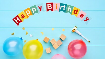 Happy Birthday Party Decorations: Colorful Balloons, Bunting, and Wooden Blocks on Blue