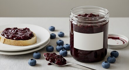  Glass jar of rich blueberry jam, surrounded by fresh blueberries, a silver spoon, and white ceramic plates on a linen tablecloth, exuding a classic, inviting breakfast