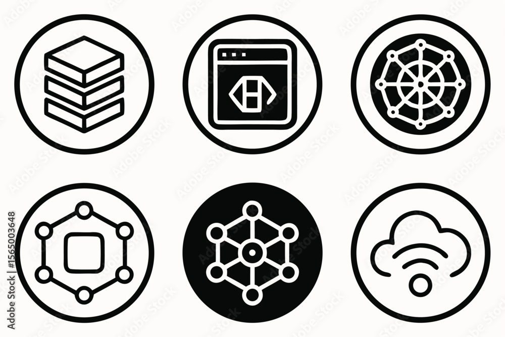 Poster set of six technology and network icons in circles on a white background