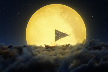 Abandoned wooden boat with waving canvas over fluffy night clouds. Illuminated by big yellow moon. 3D Rendering