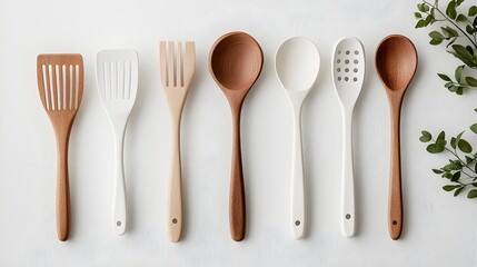 three wooden spoons, one with a white handle and o