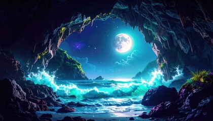Cave frames moonlit ocean waves. Dark rocks contrast bright water, distant islands & celestial glow