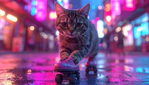 Cat roller-skating down a street illuminated by pink and blue neon lights at dusk