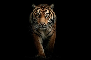 Striking portrait of a tiger walking forward from darkness