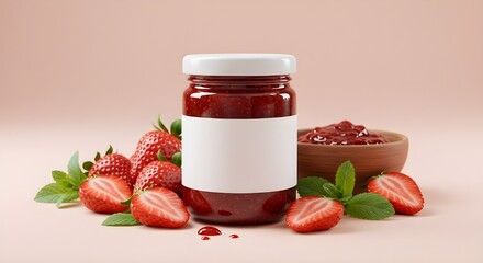 Strawberry jam jar mockup on a pink pastel background, adorned with sliced strawberries, mint leaves, and crumbs, creating a playful, commercial visual perfect for food bran