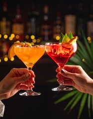 Two hands toast with red-orange cocktails in vintage stem glasses, garnished with citrus and tropical leaves in a dimly lit bar setting.