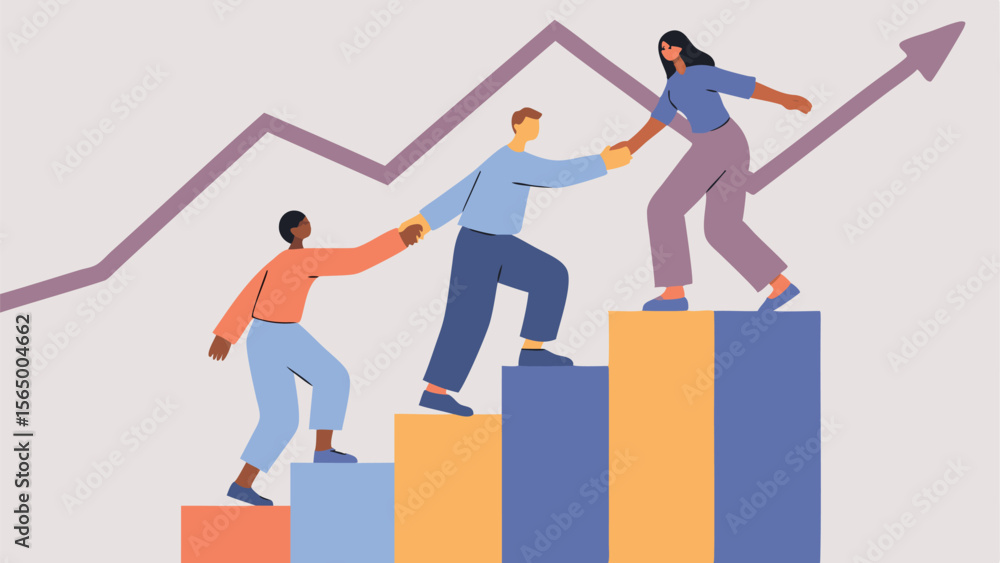 Poster three people helping each other climb up bar graph with an upward trend line in the background