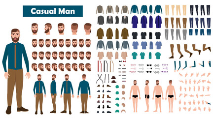 causal man Cartoon 2d man character constructor sets for full body and head rigging and outfits design vector