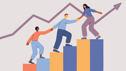 Three people helping each other climb up bar graph with an upward trend line in the background