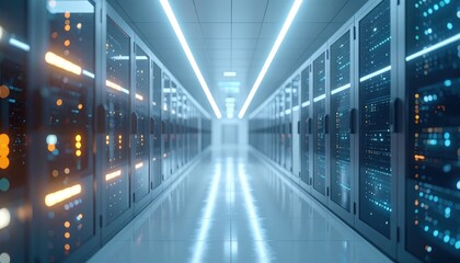 Fototapeta premium Server room hallway, glowing lights reflecting off floor. Modern, data center