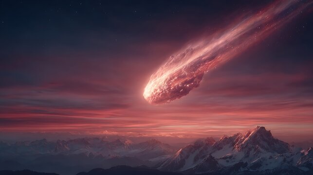 Fiery Comet Falling Over Snowy Mountains.