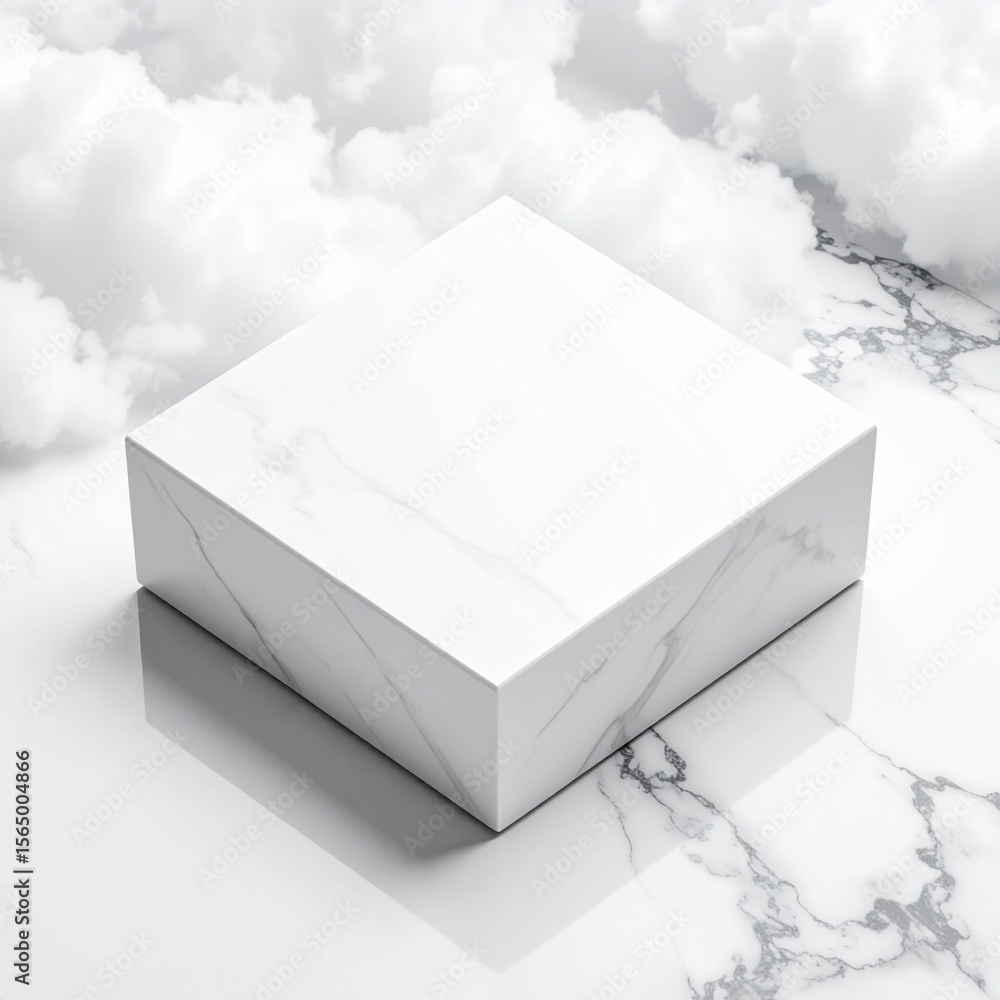 Poster white square box on marble with clouds background