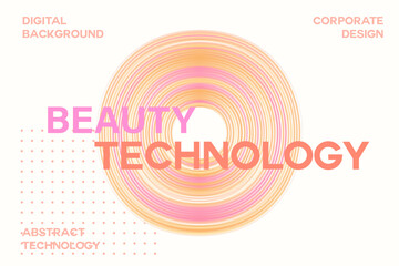 Aesthetic beige digital beauty technology background, futuristic geometric circle shape with flowing nude pink, light yellow gradient swirl texture. Elegant cosmetic poster, skincare tech banner.