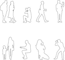 Minimal linear outline silhouettes of people in various everyday poses, including family, walking, and photography, ideal for architectural drawings, urban planning, and infographic projects.
