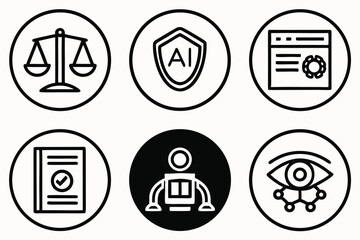 Set of icons representing artificial intelligence concepts and legal compliance